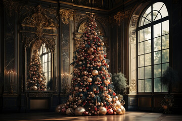 Decorated Christmas tree with colorful balls in a luxurious interior, new year tradition, merry xmas