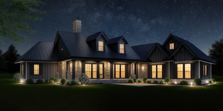 Photorealistic exterior house outdoor stylish modern in the night