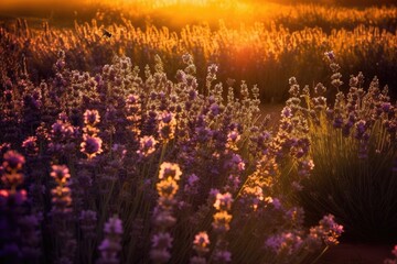 Golden lavender field under setting sun., generative IA