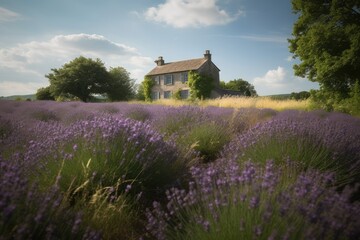 Purple lavender field with stone house and bees., generative IA