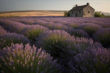 Purple lavender field with rustic house in the background., generative IA