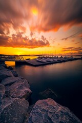 Majestic sunset over Lake Mendota with boats in the foreground in Madison, Wisconsin
