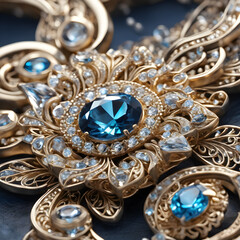 antique gold and blue gem closeup view