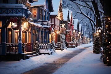 Night city winter snowy street decorated with luminous garlands and lanterns for christmas, urban preparations for new year