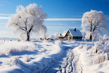 Obraz premium Snowy winter landscape in the countryside, a path among trees covered with frost, cold season wallpaper