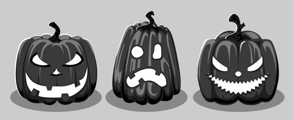 Three Halloween postcards with creepy black evil pumpkins, Jack O Lanterns, vector graphic, illustration with decorations for Halloween holiday.