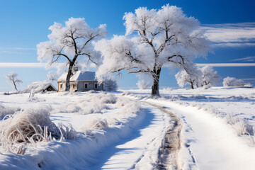 Snowy winter landscape in the countryside, a path among trees covered with frost, cold season wallpaper