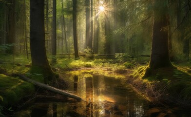 Serene pine forest, stream, wildlife., generative IA