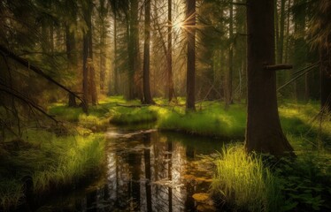 Serene pine forest, stream, wildlife., generative IA