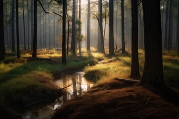 Pine forest, meandering stream, deer between trunks. Play of light and shadow., generative IA