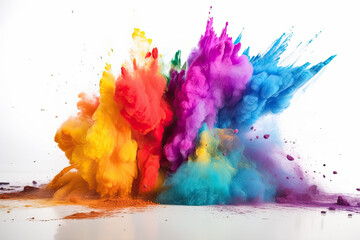Colorful rainbow holi paint color powder explosion on white background. Generative AI