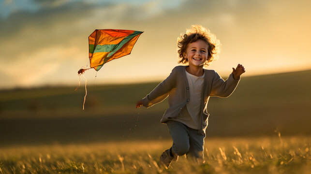 A photo of a child joyfully flying a kite in an open field, with rolling hills and the setting sun as a backdrop