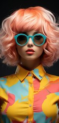 Obraz premium Fashionable woman with colorful wig and stylish eyewear, giving a captivating smile.