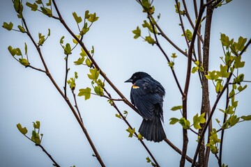Black bird perched on a tree branch