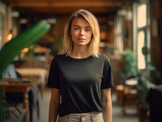 Obraz na płótnie Canvas girl standing while wearing black empty mock-up shirt, tshirt
