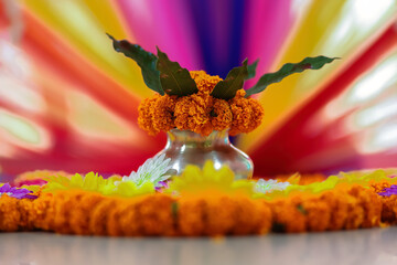 Wedding And Puja Ghat With flower blur background