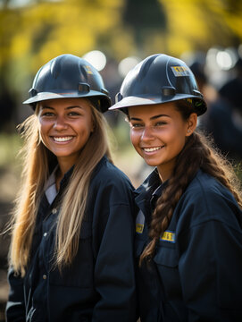 Retrato De Ingeniero Electricista En Casco De Seguridad Y Uniforme Usando Paneles Solares De Verificación De Laptops. Técnicas Mujeres En La Estación Solar.