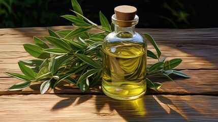 A bottle of olive oil with  leaves on a wooden table