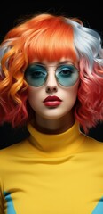 Obraz premium Fashionable woman with colorful wig and stylish eyewear, giving a captivating smile.
