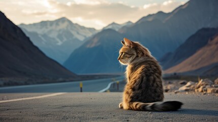 A cat sits on a road in front of a mountain