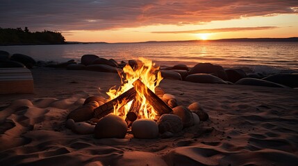 A fire pit on a beach with a sunset in the background. - obrazy, fototapety, plakaty