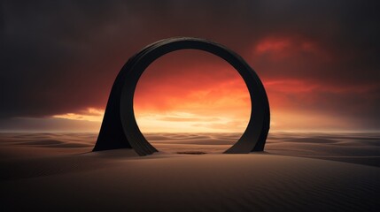 A solitary black arch stands boldly in the midst of the sands, its silhouette framed by billowing clouds overhead. As the clouds gather, they form a dramatic backdrop - obrazy, fototapety, plakaty
