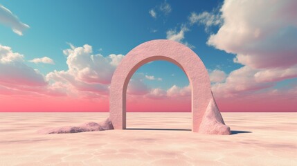 In a vast desert landscape, a striking black arch emerges, its sharp contrast emphasized against the barren surroundings. The scene, rendered in the style of surrealism