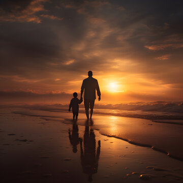 A Father And Son Walking Along The Beach At Sunset 