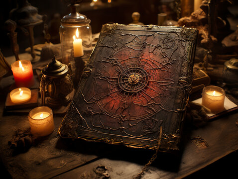 The ancient tome "Necronomicon" rests on the table, surrounded by flickering candles, enveloped in an eerie and mysterious ambiance. Obscure book of the dead.