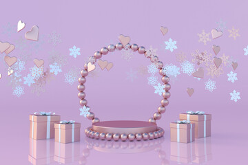 3d template with podium, Christmas gift boxes, snowflakes, heart shape. Festive design isolated on pink pastel background. Blank podium, empty pedestal, showcase. Mockup New Year or St Valentine's Day