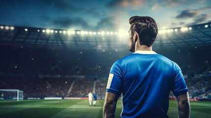 Rear view of soccer player standing against football stadium with lights and flares