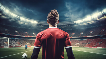 Rear view of soccer player standing against football stadium with lights and flares