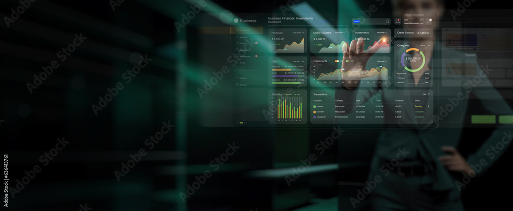 Poster businesswoman analyzing and calculating financial data for long term investment growth goals and com