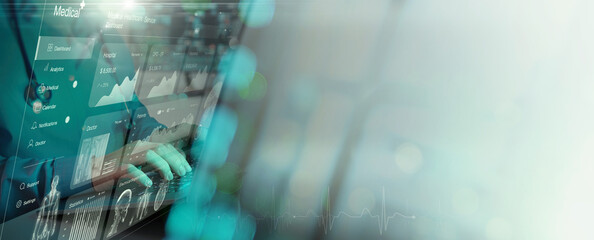 Medical technology and social network.Medicine doctor writing electronic medical record of patient on laptop. AI Digital healthcare and network connection on hologram virtual interface,