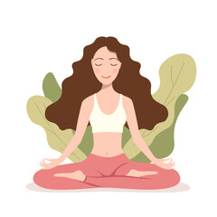 young girl sits in a lotus position with an open mind and meditates. vector illustration. Yoga, meditation concept