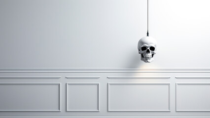 Skull shaped lamp hanging in ceiling on a white wall. Halloween.