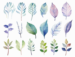 Set of watercolor leaves isolated on white background. Vector illustration.