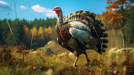 A strutting wild turkey in a grassy field - Powered by Adobe