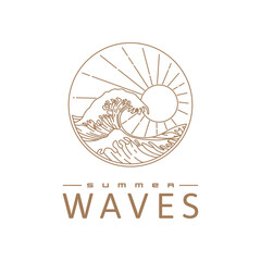 ocean big wave illustration logo for resort, hotel, or beach, line art style summer beach symbol
