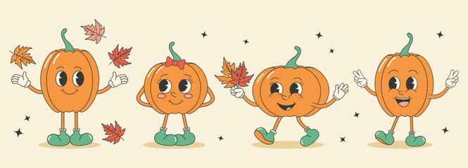 Groovy autumn fall set. Cute retro pumpkin stickers.