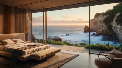 Bedroom with a view of the ocean and  mountains