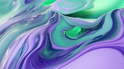 The close up of a glossy liquid surface abstract in lavender, mint green, and olive green colors with a soft focus. 3D illustration of exuberant.