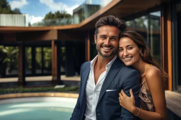 Fotobehang Portrait of a happy couple of billionaires outside their new mansion. © Jose Luis Stephens