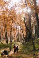 Fototapeta premium Two young boys walking in a forest in Autumn
