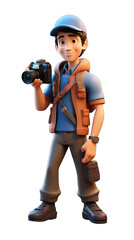Full size of young man photographer with camera isolated on white background. Generative AI