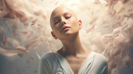 Modern beauty portrait of confident bald woman. Girl with shaved head. Happy strong woman who defeated cancer