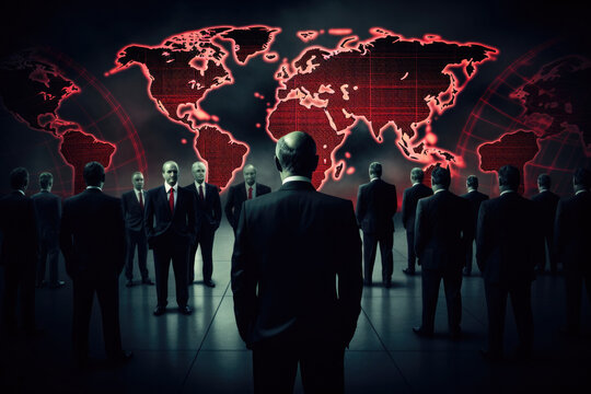 Conspiracy theory about global conspiracy and shadow government. Elderly rich men in business suits near world map discuss fate of humanity