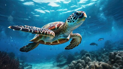 Naklejka na ściany i meble Majestic Loggerhead Sea Turtle in Underwater Reef Habitat