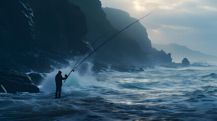 A photograph of a dedicated fisherman casting his line off a rocky coastline, with crashing waves...