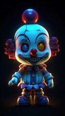Scary clown with blue and red neon light. 3D illustration. Chibi art style.